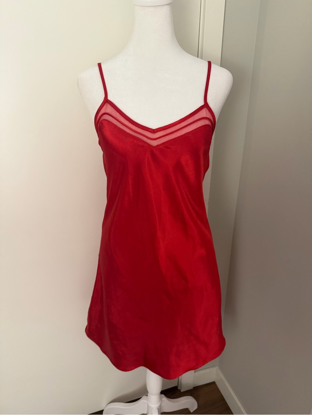 Y2K Soft Sensations Silky Red Satin Slip Nightgown with Mesh V-Neck